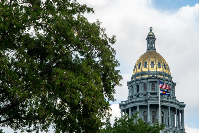 Colorado State Capitol building next to a large tree.